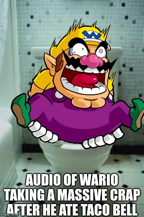 Too much taco bell | AUDIO OF WARIO TAKING A MASSIVE CRAP AFTER HE ATE TACO BELL | image tagged in wario,toilet,taco bell,wario dies | made w/ Imgflip meme maker