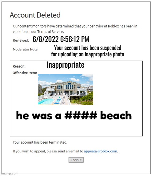 Account Deleted Our content monitors have determined that your behavior at  Roblox has been in violation
