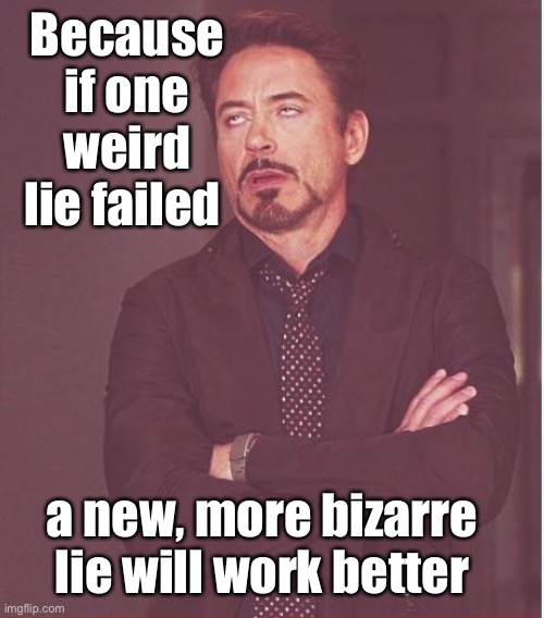 Face You Make Robert Downey Jr Meme | Because if one weird lie failed a new, more bizarre lie will work better | image tagged in memes,face you make robert downey jr | made w/ Imgflip meme maker