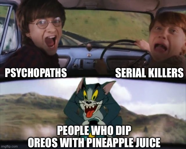 WHO EVEN DOES THAT?! | SERIAL KILLERS; PSYCHOPATHS; PEOPLE WHO DIP OREOS WITH PINEAPPLE JUICE | image tagged in tom chasing harry and ron weasly,memes,food,oreo,oreos,pineapple | made w/ Imgflip meme maker
