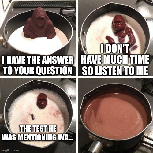 chocolate gorilla | I HAVE THE ANSWER TO YOUR QUESTION; I DON'T HAVE MUCH TIME SO LISTEN TO ME; THE TEST HE WAS MENTIONING WA... | image tagged in chocolate gorilla | made w/ Imgflip meme maker