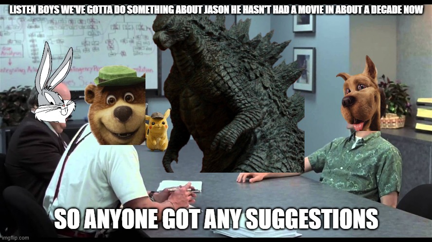 the boys pitching an idea for the next friday the 13th | LISTEN BOYS WE'VE GOTTA DO SOMETHING ABOUT JASON HE HASN'T HAD A MOVIE IN ABOUT A DECADE NOW; SO ANYONE GOT ANY SUGGESTIONS | image tagged in peter meets the bobs,warner bros,office | made w/ Imgflip meme maker