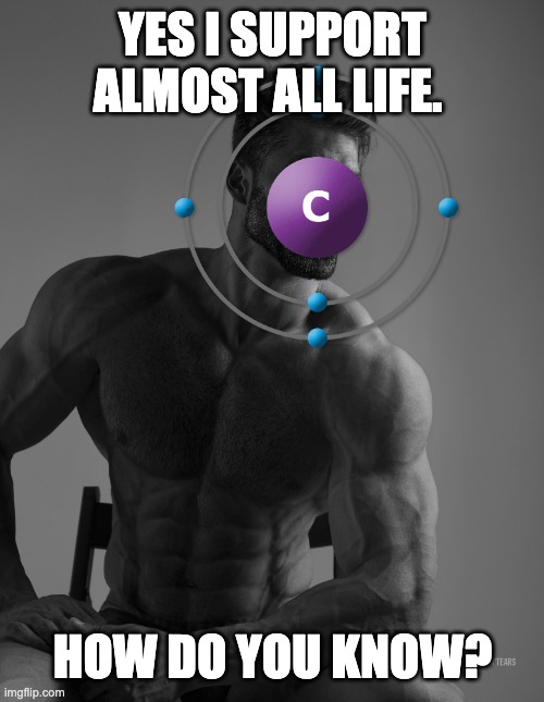 W Carbon | YES I SUPPORT ALMOST ALL LIFE. HOW DO YOU KNOW? | image tagged in giga chad | made w/ Imgflip meme maker