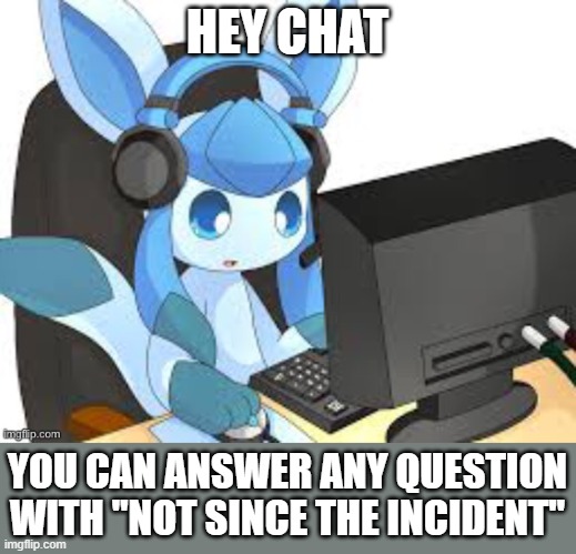 gaming glaceon | HEY CHAT; YOU CAN ANSWER ANY QUESTION WITH "NOT SINCE THE INCIDENT" | image tagged in gaming glaceon | made w/ Imgflip meme maker