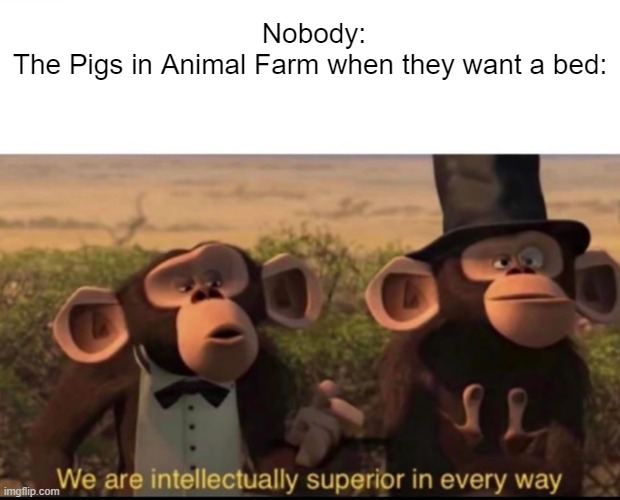 We are intellectually superior in every way | Nobody:
The Pigs in Animal Farm when they want a bed: | image tagged in we are intellectually superior in every way,animal farm | made w/ Imgflip meme maker
