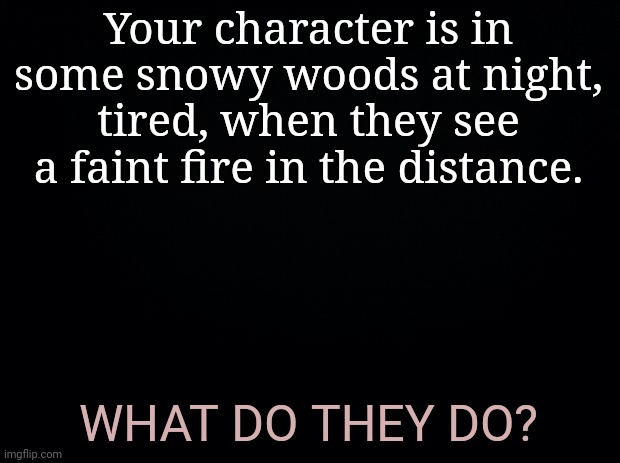 No Op or joke ocs please. | Your character is in some snowy woods at night, tired, when they see a faint fire in the distance. WHAT DO THEY DO? | image tagged in black background | made w/ Imgflip meme maker