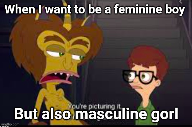 Why | When I want to be a feminine boy; But also masculine gorl | image tagged in you're picturing it we're talking about it | made w/ Imgflip meme maker