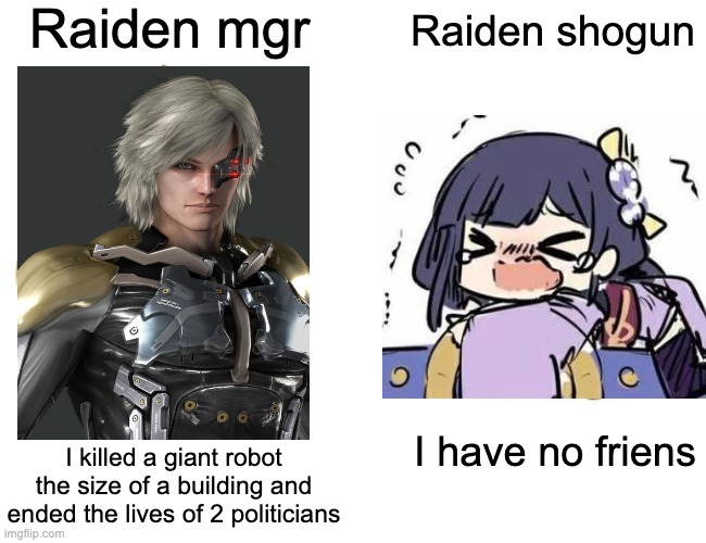 Raiden vs Raiden | Raiden mgr; Raiden shogun; I have no friens; I killed a giant robot the size of a building and ended the lives of 2 politicians | image tagged in memes,buff doge vs cheems,raiden,metal gear rising,genshin impact | made w/ Imgflip meme maker