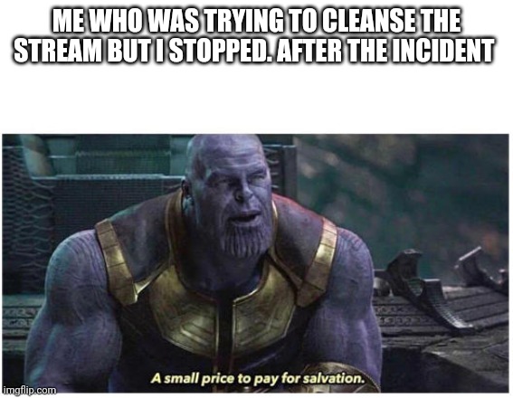 A small price to pay for salvation | ME WHO WAS TRYING TO CLEANSE THE STREAM BUT I STOPPED. AFTER THE INCIDENT | image tagged in a small price to pay for salvation | made w/ Imgflip meme maker
