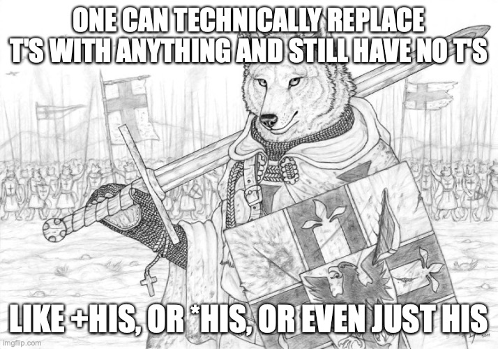 le's do his (removing in-word spaces for clariy) | ONE CAN TECHNICALLY REPLACE T'S WITH ANYTHING AND STILL HAVE NO T'S; LIKE +HIS, OR *HIS, OR EVEN JUST HIS | image tagged in fursader | made w/ Imgflip meme maker