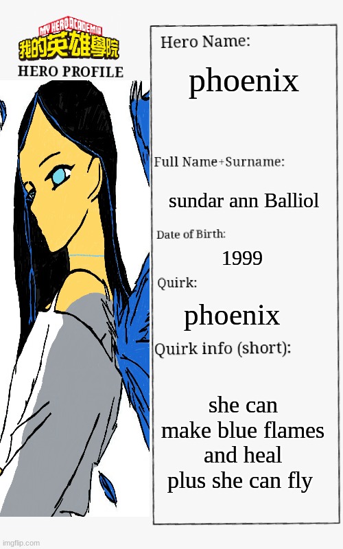 meme4 | phoenix; sundar ann Balliol; 1999; phoenix; she can make blue flames and heal plus she can fly | image tagged in mha | made w/ Imgflip meme maker