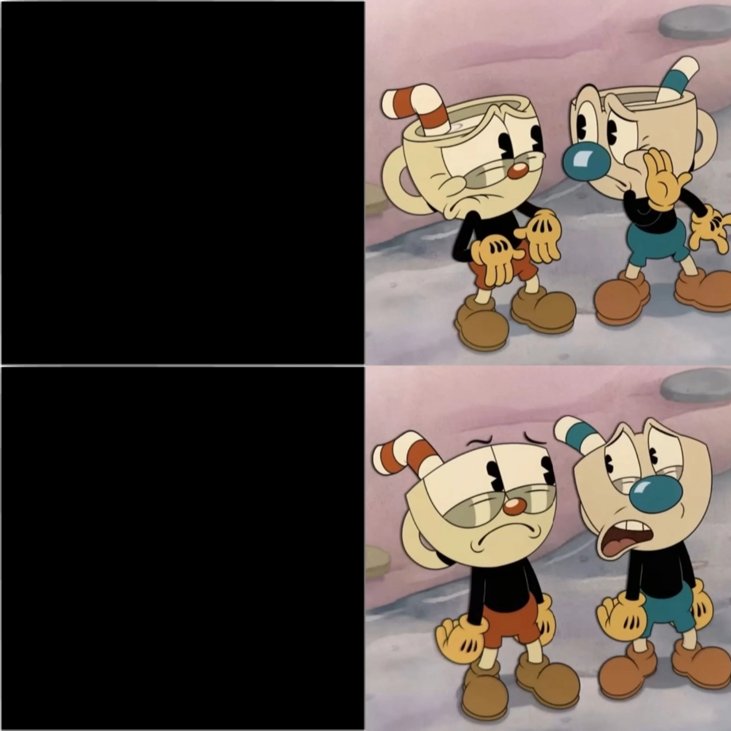 High Quality Mugman Telling Cuphead That Something Is Creepy Blank Meme Template