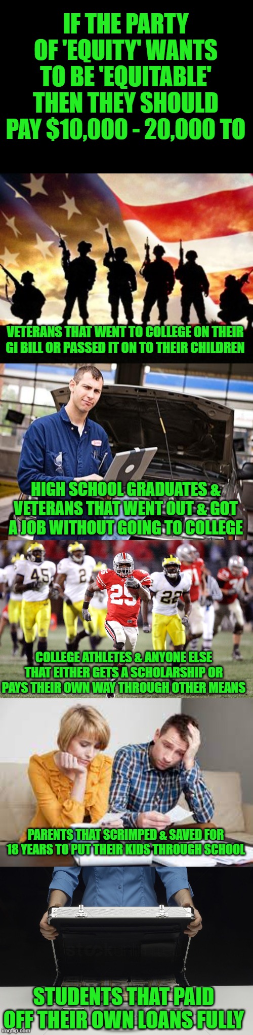 People that should get a payout | IF THE PARTY OF 'EQUITY' WANTS TO BE 'EQUITABLE' THEN THEY SHOULD PAY $10,000 - 20,000 TO; VETERANS THAT WENT TO COLLEGE ON THEIR GI BILL OR PASSED IT ON TO THEIR CHILDREN; HIGH SCHOOL GRADUATES & VETERANS THAT WENT OUT & GOT A JOB WITHOUT GOING TO COLLEGE; COLLEGE ATHLETES & ANYONE ELSE THAT EITHER GETS A SCHOLARSHIP OR PAYS THEIR OWN WAY THROUGH OTHER MEANS; PARENTS THAT SCRIMPED & SAVED FOR 18 YEARS TO PUT THEIR KIDS THROUGH SCHOOL; STUDENTS THAT PAID OFF THEIR OWN LOANS FULLY | image tagged in veterans day,internet mechanic,buckeye,money briefcase | made w/ Imgflip meme maker