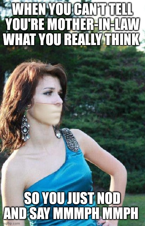 Mother-in-law |  WHEN YOU CAN'T TELL YOU'RE MOTHER-IN-LAW WHAT YOU REALLY THINK; SO YOU JUST NOD AND SAY MMMPH MMPH | image tagged in duct tape,agree,mother in law,quiet | made w/ Imgflip meme maker