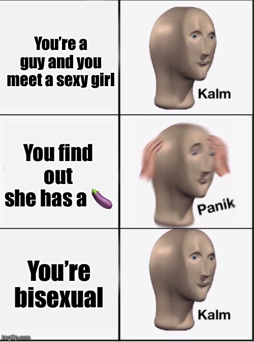 Reverse kalm panik | You’re a guy and you meet a sexy girl; You find out she has a 🍆; You’re bisexual | image tagged in reverse kalm panik,transgender,bisexual | made w/ Imgflip meme maker