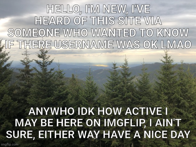 I enter the site of memes, hello | HELLO, I'M NEW, I'VE HEARD OF THIS SITE VIA SOMEONE WHO WANTED TO KNOW IF THERE USERNAME WAS OK LMAO; ANYWHO IDK HOW ACTIVE I MAY BE HERE ON IMGFLIP, I AIN'T SURE, EITHER WAY HAVE A NICE DAY | image tagged in fuzzy's announcement template | made w/ Imgflip meme maker