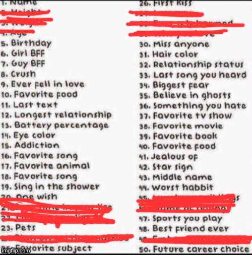 Since this is a trend, I decided to join (I crossed out the ones I don’t wanna answer since I’m insecure af-) | made w/ Imgflip meme maker