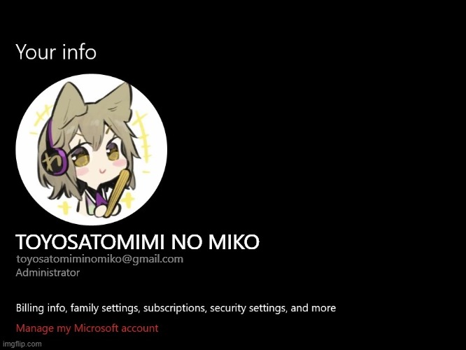 Toyosatomimi no miko as administrator of windows 10 | TOYOSATOMIMI NO MIKO; toyosatomiminomiko@gmail.com | image tagged in touhou | made w/ Imgflip meme maker