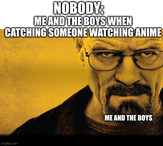 next day the person goes missing for some reason...idk why tho | NOBODY:; ME AND THE BOYS WHEN CATCHING SOMEONE WATCHING ANIME; ME AND THE BOYS | image tagged in breaking bad | made w/ Imgflip meme maker