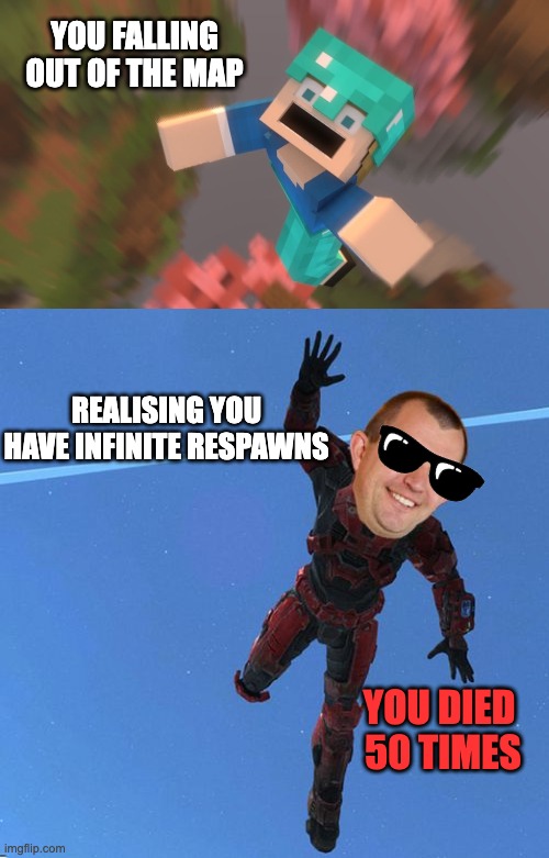 YOU FALLING OUT OF THE MAP; REALISING YOU HAVE INFINITE RESPAWNS; YOU DIED 
50 TIMES | image tagged in falls off map | made w/ Imgflip meme maker