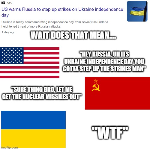 Visible Confusion | WAIT DOES THAT MEAN.... "HEY RUSSIA, UH ITS UKRAINE INDEPENDENCE DAY YOU GOTTA STEP UP THE STRIKES MAN"; "SURE THING BRO, LET ME GET THE NUCLEAR MISSILES OUT"; "WTF" | image tagged in blank white template,funny,memes,funny memes,just a tag | made w/ Imgflip meme maker