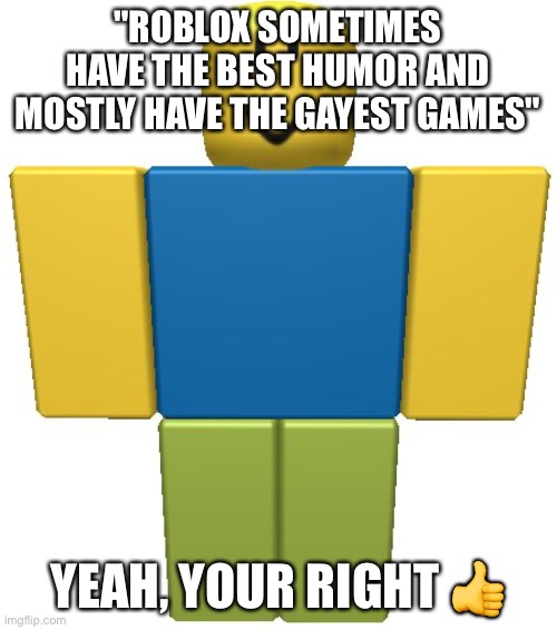 ROBLOX Noob | "ROBLOX SOMETIMES HAVE THE BEST HUMOR AND MOSTLY HAVE THE GAYEST GAMES"; YEAH, YOUR RIGHT 👍 | image tagged in roblox noob | made w/ Imgflip meme maker