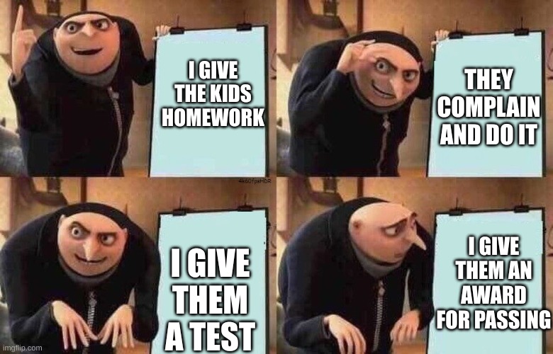 school teachers be like | THEY COMPLAIN AND DO IT; I GIVE THE KIDS HOMEWORK; I GIVE THEM A TEST; I GIVE THEM AN AWARD FOR PASSING | image tagged in goofy,unhelpful high school teacher | made w/ Imgflip meme maker