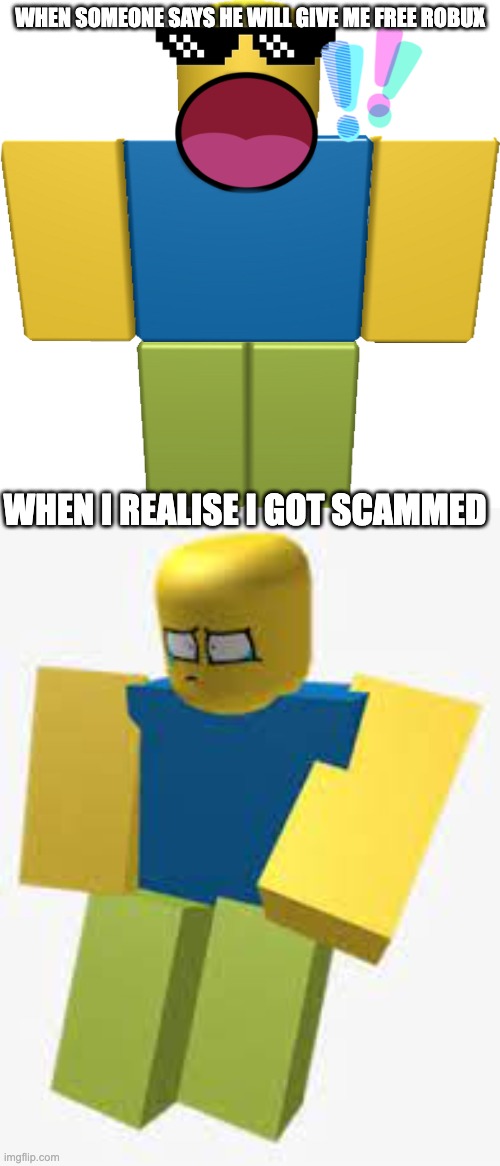When Someone Says He Will Give You Free Robux, And Then Realise You Get Scammed | WHEN SOMEONE SAYS HE WILL GIVE ME FREE ROBUX; WHEN I REALISE I GOT SCAMMED | image tagged in sad,shocked | made w/ Imgflip meme maker