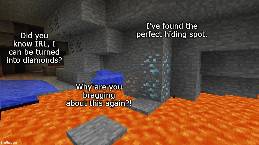 If ores could talk (I know it's not funny) | I've found the perfect hiding spot. Did you know IRL, I can be turned into diamonds? Why are you bragging about this again?! | image tagged in minecraft | made w/ Imgflip meme maker