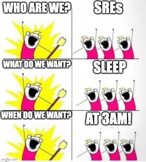 We Are SREs and we need to sleep | SREs; WHO ARE WE? WHAT DO WE WANT? SLEEP; WHEN DO WE WANT? AT 3AM! | image tagged in who are we | made w/ Imgflip meme maker