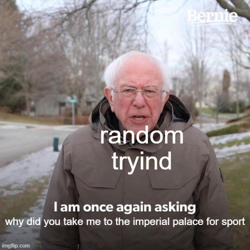 Bernie I Am Once Again Asking For Your Support | random tryind; why did you take me to the imperial palace for sport | image tagged in memes,bernie i am once again asking for your support | made w/ Imgflip meme maker