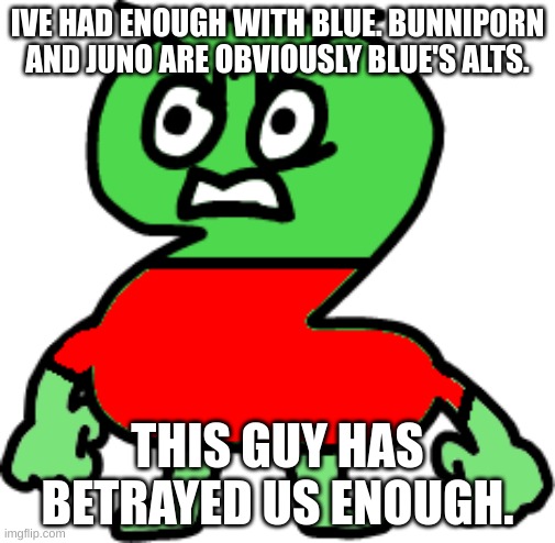 How is he not IP Banned at this point? (comments disabled so blue cant comment) | IVE HAD ENOUGH WITH BLUE. BUNNIP0RN AND JUNO ARE OBVIOUSLY BLUE'S ALTS. THIS GUY HAS BETRAYED US ENOUGH. | image tagged in memes,funny,angry twocado avacado,blue,blue just stop,blue quit it | made w/ Imgflip meme maker