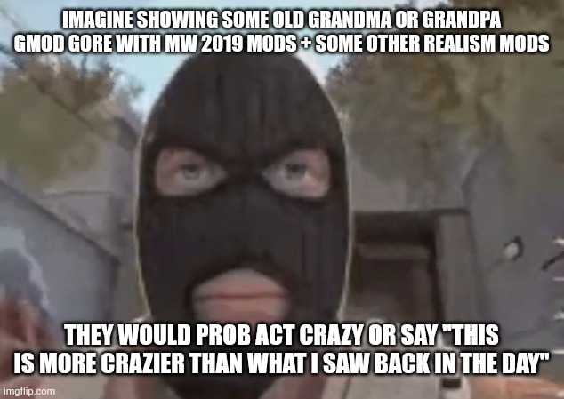 blogol | IMAGINE SHOWING SOME OLD GRANDMA OR GRANDPA GMOD GORE WITH MW 2019 MODS + SOME OTHER REALISM MODS; THEY WOULD PROB ACT CRAZY OR SAY "THIS IS MORE CRAZIER THAN WHAT I SAW BACK IN THE DAY" | image tagged in blogol | made w/ Imgflip meme maker