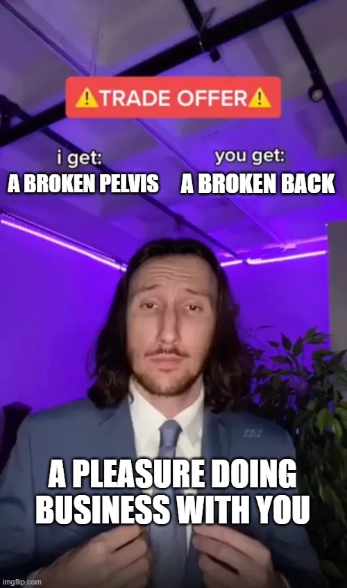 A good deal imo | A BROKEN BACK; A BROKEN PELVIS; A PLEASURE DOING BUSINESS WITH YOU | image tagged in trade offer meme | made w/ Imgflip meme maker