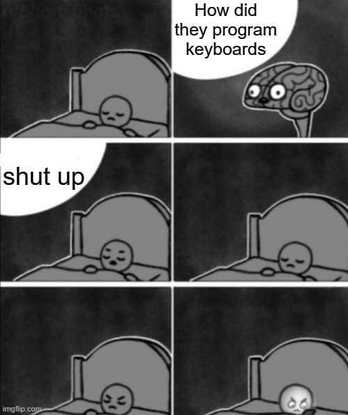 H o w | How did they program keyboards; shut up | image tagged in annoying brain | made w/ Imgflip meme maker