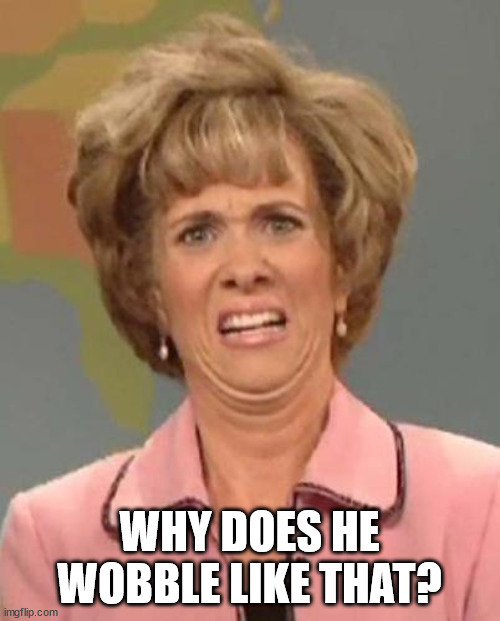 Disgusted Kristin Wiig | WHY DOES HE WOBBLE LIKE THAT? | image tagged in disgusted kristin wiig | made w/ Imgflip meme maker