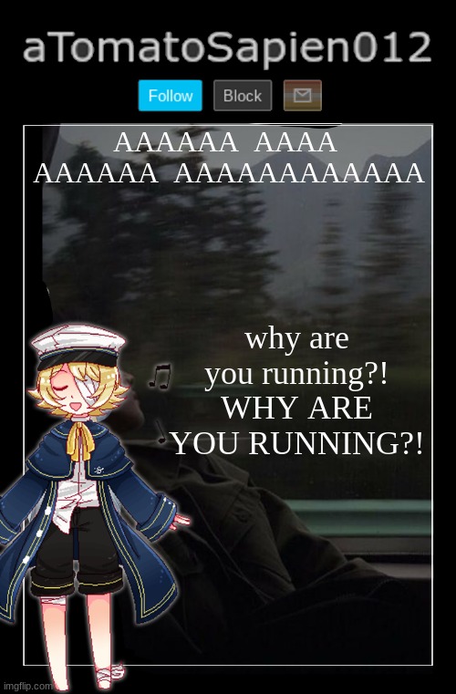 aTomatoSapien012 | AAAAAA  AAAA  AAAAAA  AAAAAAAAAAAA; why are you running?! WHY ARE YOU RUNNING?! | image tagged in atomatosapien012 | made w/ Imgflip meme maker