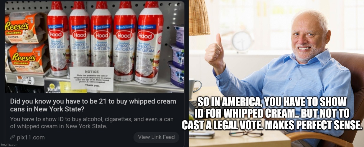 1984 |  SO IN AMERICA, YOU HAVE TO SHOW ID FOR WHIPPED CREAM.. BUT NOT TO CAST A LEGAL VOTE. MAKES PERFECT SENSE. | image tagged in hide the pain harold,voting,election,democrats,government,nwo police state | made w/ Imgflip meme maker