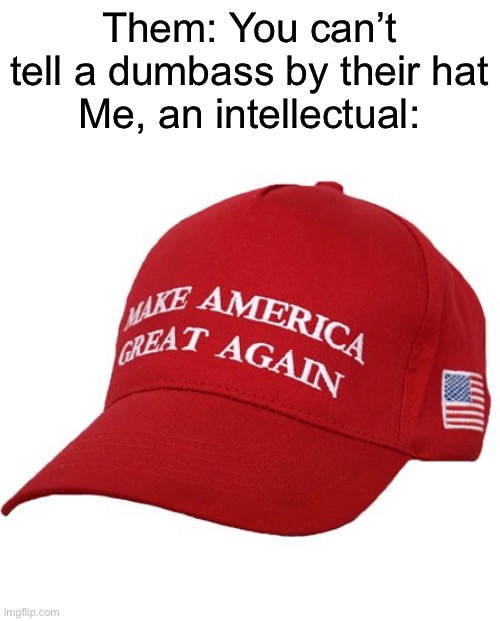 Lol | Them: You can’t tell a dumbass by their hat
Me, an intellectual: | image tagged in maga hat | made w/ Imgflip meme maker