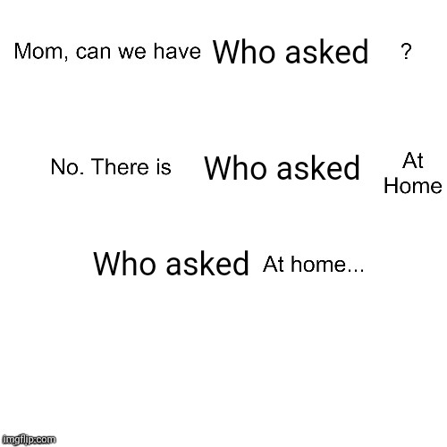 Didn't ask | Who asked; Who asked; Who asked | image tagged in mom ca we have,who asked,nobody cares | made w/ Imgflip meme maker