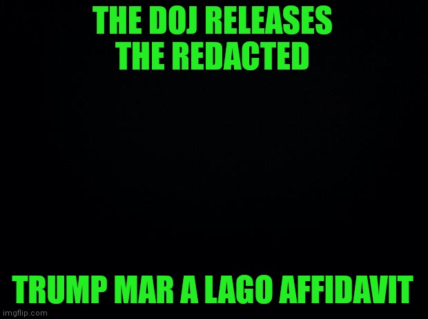 You won't see much | THE DOJ RELEASES THE REDACTED; TRUMP MAR A LAGO AFFIDAVIT | image tagged in black background | made w/ Imgflip meme maker