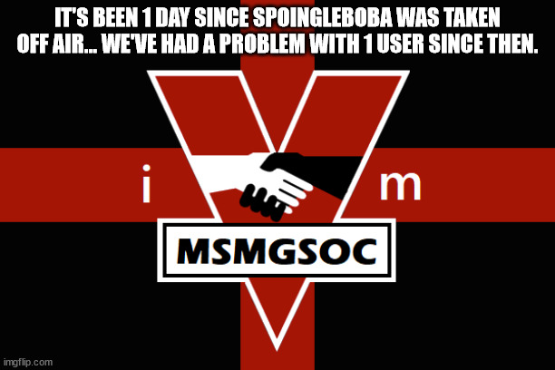 MSMGSOC flag | IT'S BEEN 1 DAY SINCE SPOINGLEBOBA WAS TAKEN OFF AIR... WE'VE HAD A PROBLEM WITH 1 USER SINCE THEN. | image tagged in msmgsoc flag | made w/ Imgflip meme maker