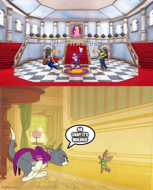 Tom And Luigi Distracted By Mario, Waluigi, And Jerry's Dance | OH SNAP! IT'S WALUIGI! | image tagged in dance dance revolution mario mix,waluigi,tom and jerry,super mario,mario,dance dance revolution | made w/ Imgflip meme maker