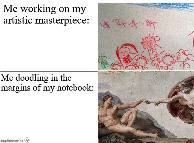 Art is confusing | Me working on my artistic masterpiece:; Me doodling in the margins of my notebook: | image tagged in art,drawing,painting,sculpture | made w/ Imgflip meme maker