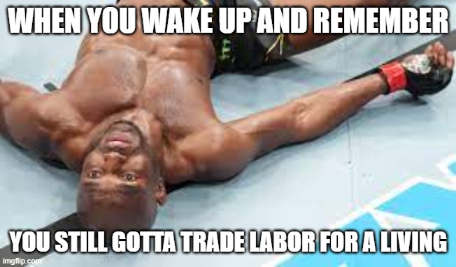 Tankie Time w/Kamaru | WHEN YOU WAKE UP AND REMEMBER; YOU STILL GOTTA TRADE LABOR FOR A LIVING | image tagged in ufc,funny | made w/ Imgflip meme maker