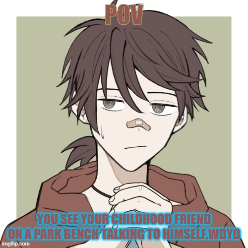 female oc required for romance | POV; YOU SEE YOUR CHILDHOOD FRIEND ON A PARK BENCH TALKING TO HIMSELF.WDYD | image tagged in my persona | made w/ Imgflip meme maker