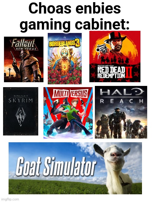 At least this is my gaming cabnit and I'm a chaos enby | Choas enbies gaming cabinet: | image tagged in blank white template | made w/ Imgflip meme maker