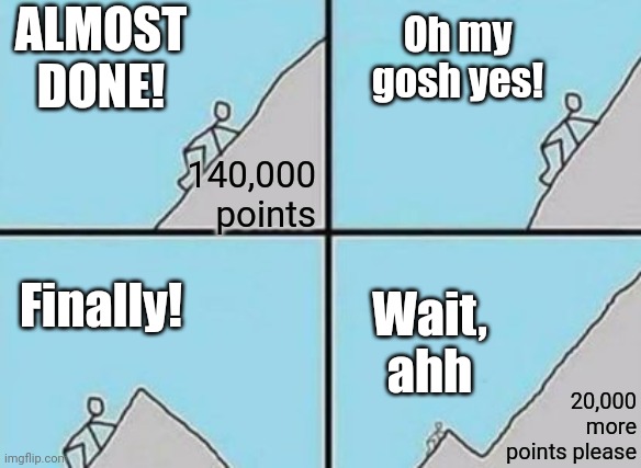 Almost done! | ALMOST DONE! Oh my gosh yes! 140,000 points; Finally! Wait, ahh; 20,000 more points please | image tagged in almost done,memes,imgflip,funny | made w/ Imgflip meme maker