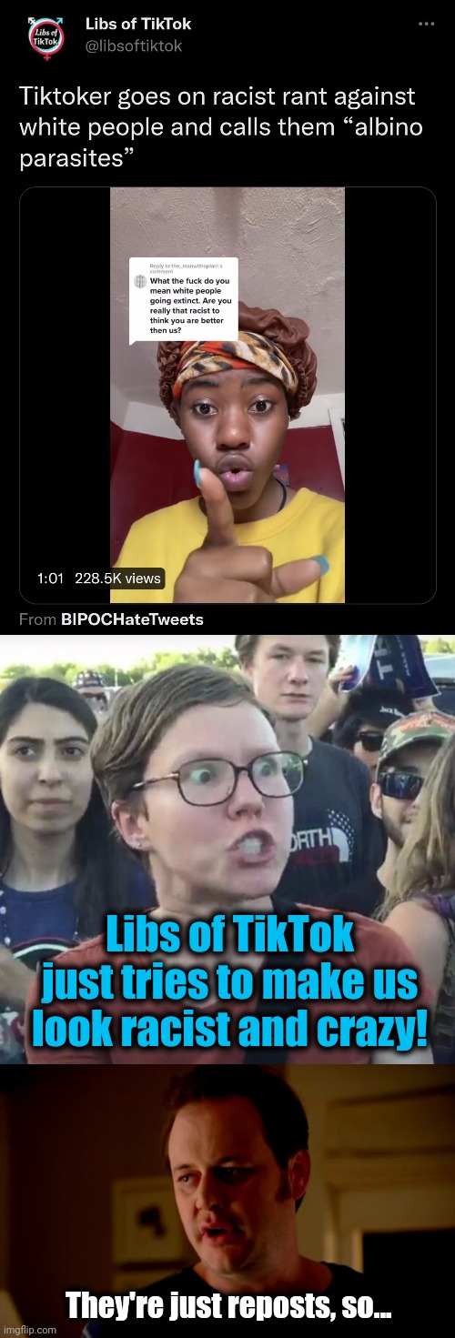 Racist and crazy libs | Libs of TikTok just tries to make us look racist and crazy! They're just reposts, so... | image tagged in triggered feminist,jake from state farm,libs of tiktok,racist,crazy,democrats | made w/ Imgflip meme maker