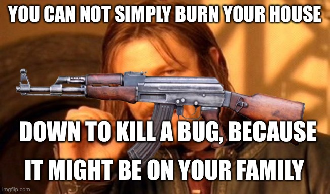 Aww shoot | YOU CAN NOT SIMPLY BURN YOUR HOUSE; DOWN TO KILL A BUG, BECAUSE; IT MIGHT BE ON YOUR FAMILY | image tagged in dark humor | made w/ Imgflip meme maker